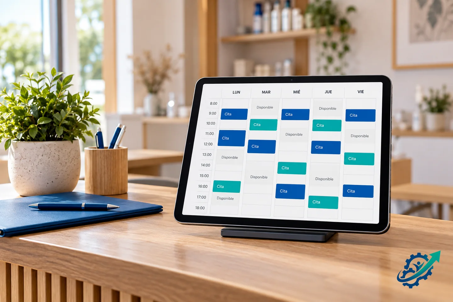 Agenda semanal organizada con citas y horarios disponibles en una tablet de recepción