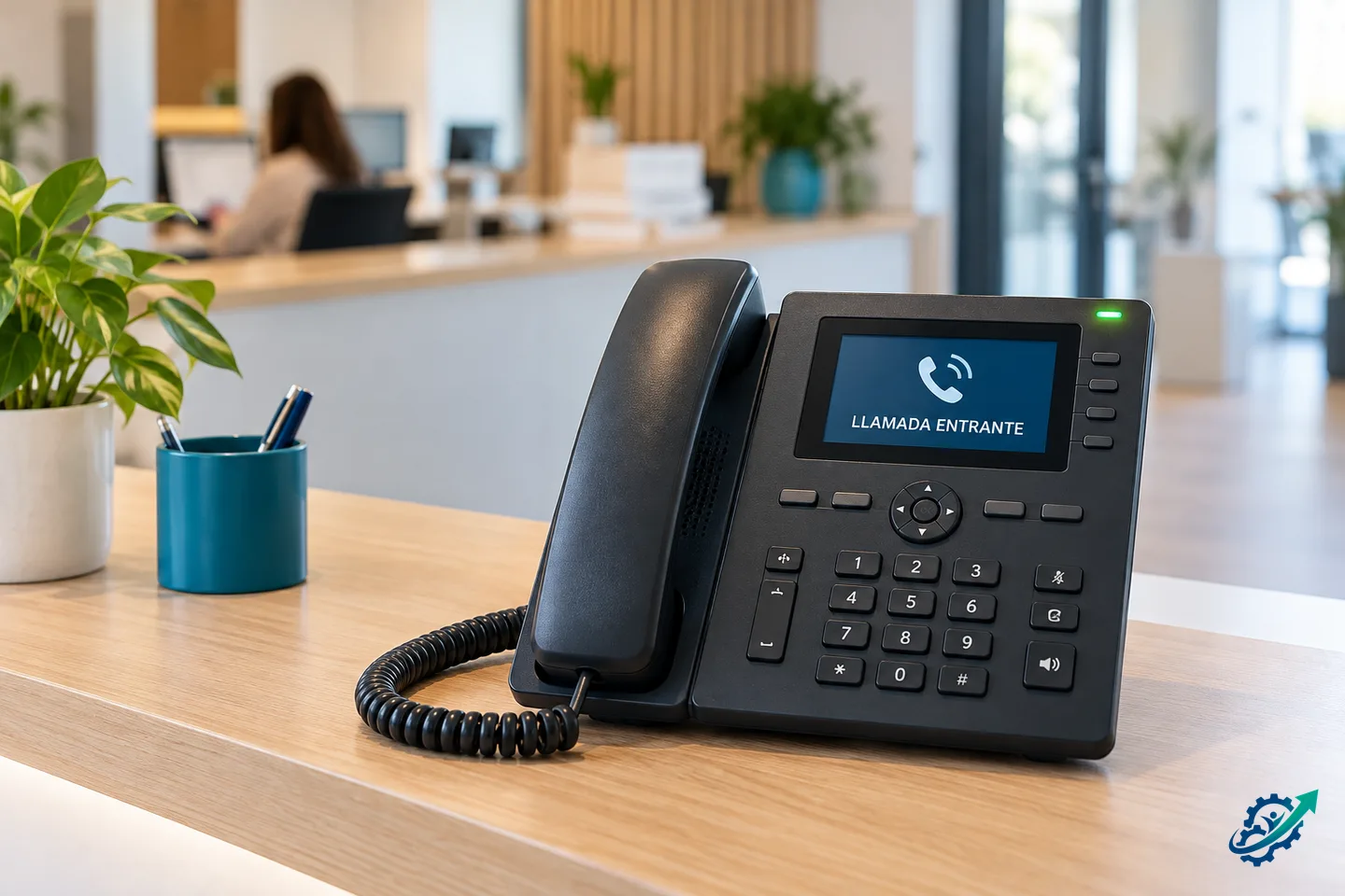 Teléfono fijo profesional recibiendo una llamada en la recepción de una pequeña empresa