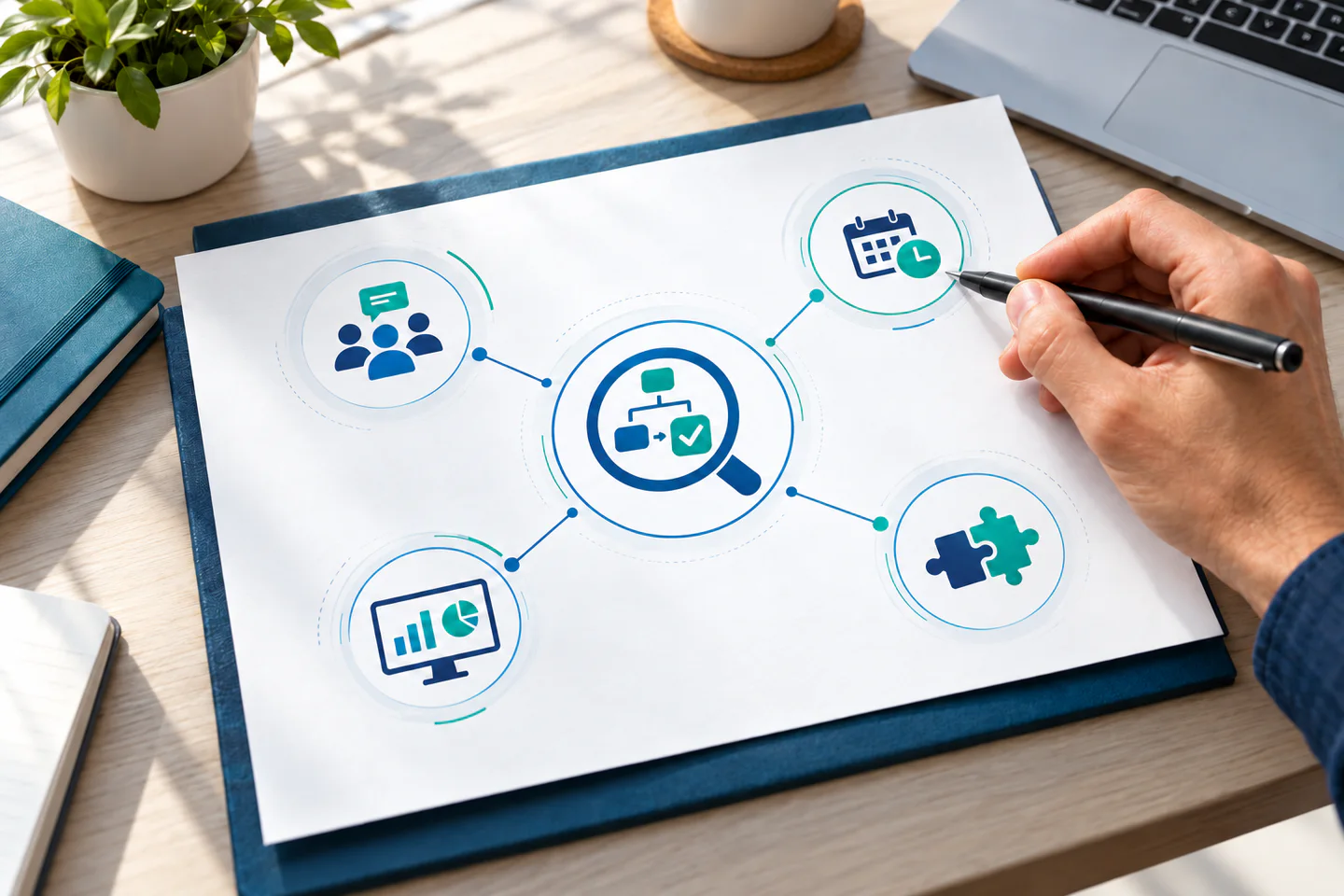 Análisis de necesidades empresariales conectado con comunicación, citas, control operativo y software