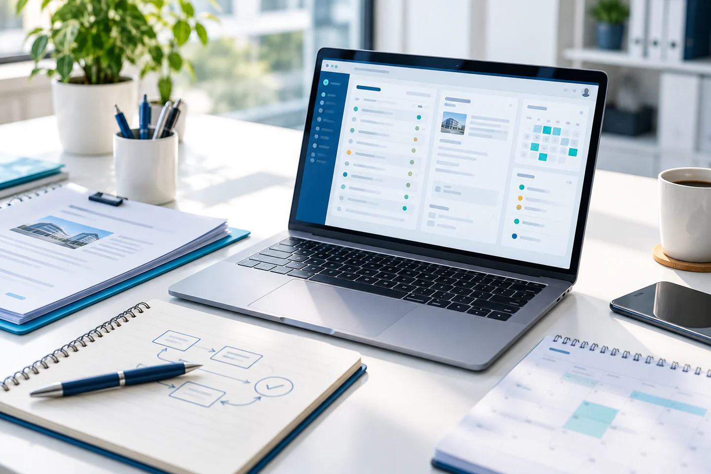 Espacio de trabajo real con un software de gestión adaptado, documentos y planificación centralizados