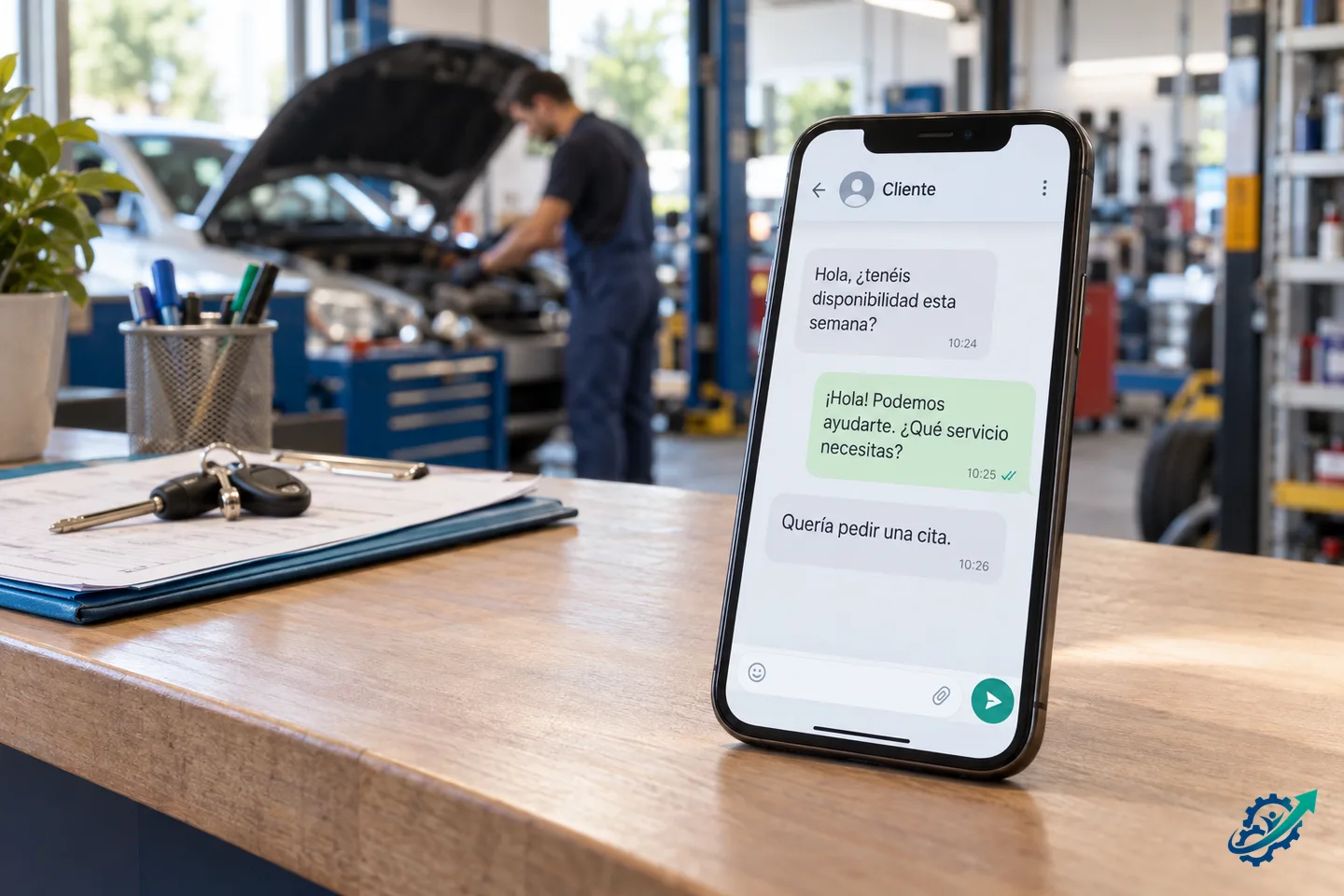 Conversación empresarial organizada en un smartphone mientras continúa el trabajo en una pequeña empresa